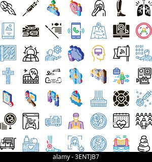 Large collection of colorful doodle and isometric icons, representing various business, medical, travel, and digital technology concepts on a white ba Stock Vector