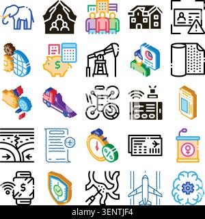 Collection of business and finance related vector icons illustrating concepts like economy, accounting, property, insurance, communication, technology Stock Vector