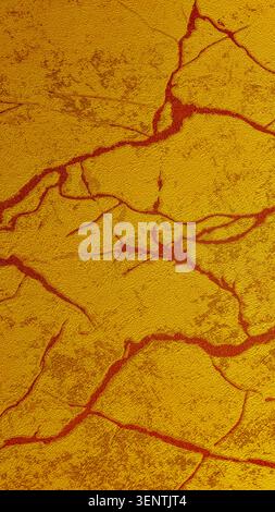 Abstract cracked texture with crimson branching lines on a rich golden-yellow surface. Premium vertical 8K background for smartphone wallpapers Stock Photo