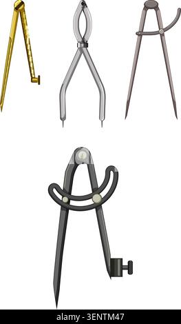 Various drawing and measuring instruments including a compass and multiple types of dividers are arranged on a white background, useful for geometry, Stock Vector