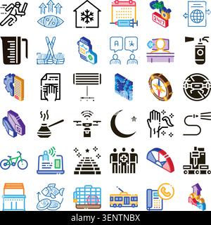 Set of diverse vector icons depicting modern concepts and objects, featuring a mix of outline, solid, and isometric styles for various digital applica Stock Vector