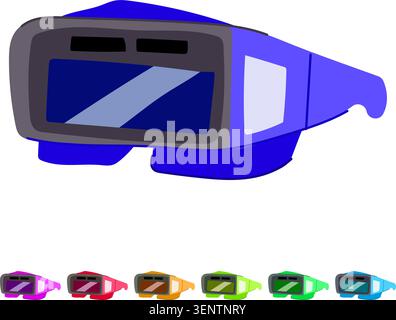 Blue and dark gray goggles presenting an augmented reality or virtual reality display, showing a conceptual vision of technology, digital interaction, Stock Vector
