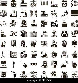 Variety of miscellaneous items and abstract concepts illustrated with a collection of black silhouette glyph icons representing people, objects, anima Stock Vector