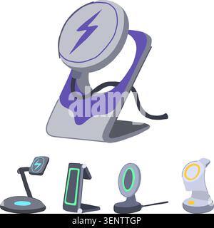 Wireless charging stands offering modern device power solutions without cables, featuring various designs for electronic gadgets and smartphones on a Stock Vector