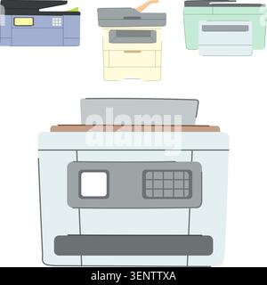 Collection of diverse office multifunction printers, copiers and scanners on white background, showcasing modern document management, printing, scanni Stock Vector