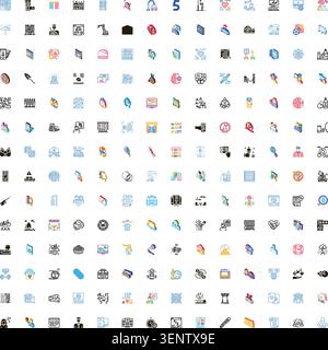 Large collection of diverse flat and isometric icons, symbolizing business, education, technology, health, and various concepts for modern digital app Stock Vector