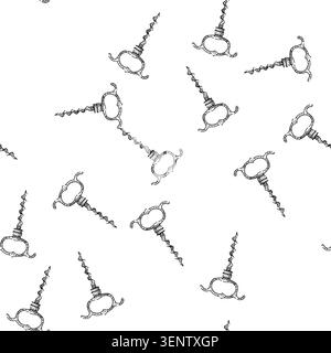 seamless pattern Vintage corkscrew illustration in detailed black and white line art, depicting a classic wine opener and celebratory barware motif fo Stock Vector