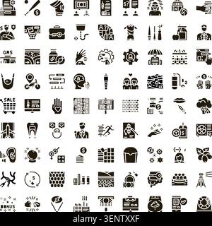 Set of monochrome glyph icons illustrating a wide range of everyday objects, human activities, professional situations, and abstract ideas covering bu Stock Vector