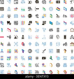 Set of vector icons featuring a wide array of conceptual symbols and graphics, depicting different items, activities, and abstract ideas essential for Stock Vector