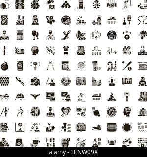 Diverse set of modern flat vector glyph icons depicting objects, concepts and interface elements on a clean white background for web, app and uiux des Stock Vector