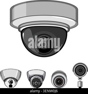 Multiple security camera devices providing continuous observation and safeguarding property, illustrating modern protection concepts with technologica Stock Vector