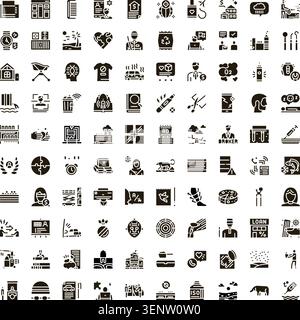 Diverse black glyph icon set covering business, finance, health, production, transport and social concepts for web and app design, ui, presentations a Stock Vector