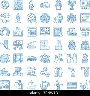 Hand drawn blue doodle line icon set illustrating business. Technology. Science. Education and social concepts, finance. Ecology. Healthcare. Ai. Comm Stock Vector