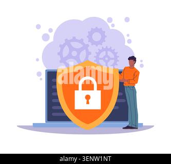 Cybersecurity risk management. Cloud storage security, modern password system, laptop with a lock and gears, digital data protection, privacy, system Stock Vector