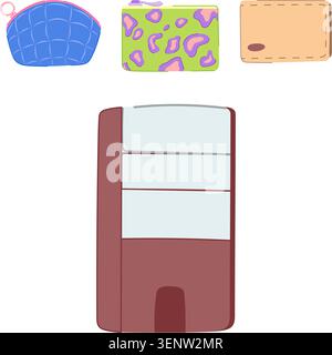 Collection featuring different styles of wallets and a card holder, illustrating various options from coin purses to modern minimalist designs for org Stock Vector