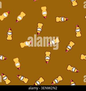 seamless pattern Mustard bottle featuring a red squeeze dispencer cap, a blank label, and a yellow condiment, appearing as a playful cartoon vector gr Stock Vector