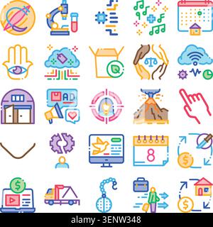 Diverse set of flat outline vector icons covering science, education, finance, logistics, health and marketingversatile symbols for business, tech, de Stock Vector