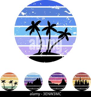 Circular distressed design featuring silhouetted palm trees on an island, stylized with horizontal stripes in blue and purple hues creating a retro su Stock Vector