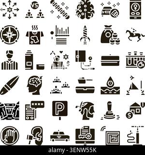 Set of diverse glyph icons depicting various concepts related to business, technology, web development, computer science, and personal well being in a Stock Vector