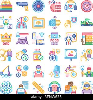 Collection of clean outline icons depicting technology, healthcare, justice, environment, labor and social issues for ui, apps, websites and digital c Stock Vector