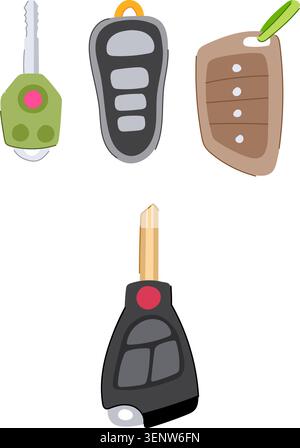 Four different styles of car key fobs and remote controls featuring buttons and integrated keys, illustrating modern vehicle access and security techn Stock Vector