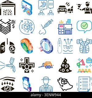 Set featuring multiple outline and isometric digital icons, depicting a wide range of professional, medical, agricultural, and daily life activities f Stock Vector