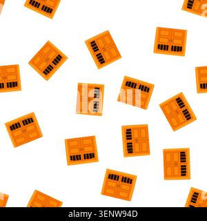 pattern orange double garage door flat vector illustration showing a classic residential entrance with panel windows, closed for security, seamless on Stock Vector