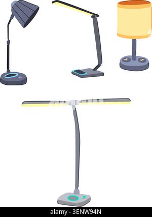 Different types of desk and table lamps featuring integrated wireless charging pads, illustrating smart home and office technology for convenient devi Stock Vector