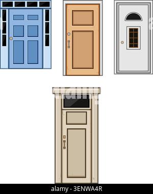 Collection of various style entrance doors for houses or buildings, featuring different designs, colors, and architectural elements, on a clean white Stock Vector