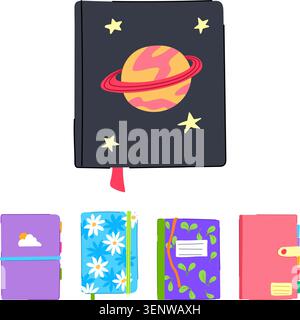 Collection of stylized notebooks and planners featuring various charming designs including a cosmic planet, floral patterns, and nature inspired motif Stock Vector