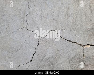 Cracked concrete wall covered with gray cement mortar. Destruction caused by an earthquake. Large uneven crack in the wall. Copy space. Texture Stock Photo