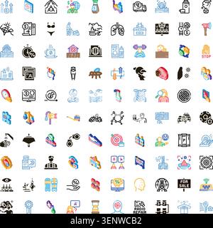Diverse collection of isometric icons illustrating various concepts including finance, business, education, health, technology, transportation, and wo Stock Vector