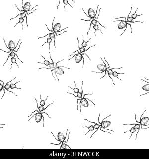 seamless pattern nest ant hand drawn. foraging insect, antennae mandibles, thorax abdomen nest ant black sketch illustration Stock Vector