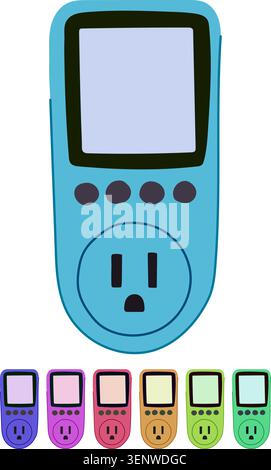 Green electricity monitor tracking household appliance power usage, featuring a display screen and an integrated electrical outlet for energy manageme Stock Vector