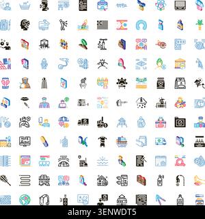 Large collection of diverse isometric and outline icons illustrating various themes including medicine, business, technology, finance, health, environ Stock Vector