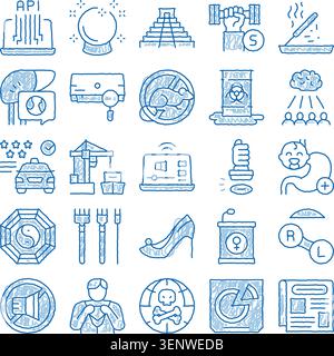 Doodle icon set of hand drawn sketches, pyramids, biohazard, crystal ball, api, wellness, toxicology, feminism and diverse symbols for communication, Stock Vector