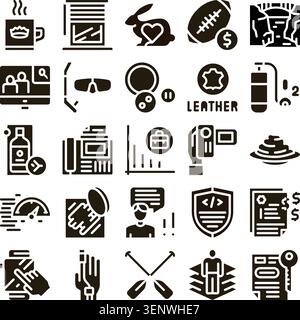 Set of glyph icons depicting various concepts related to everyday objects, communication, digital technology, recreation, and professional activities, Stock Vector