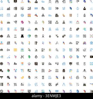 Large grid displaying a wide array of pictogram vector icons representing various everyday objects, actions, business concepts, technology, health, an Stock Vector