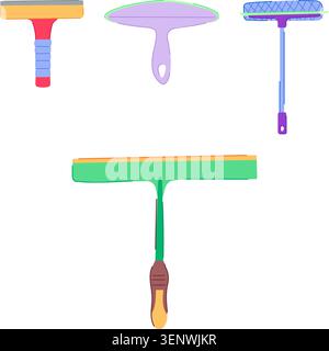 Various colorful cleaning squeegees for different surfaces, featuring ergonomic designs and rubber blades, essential tools for maintaining hygiene and Stock Vector
