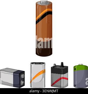 Set of assorted electric batteries and cells on white background, illustrating portable power sources, energy storage options, rechargeable and dispos Stock Vector
