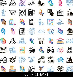 Set of isometric icons illustrating a diverse range of concepts including financial services, healthcare, transport, technology, and various aspects o Stock Vector