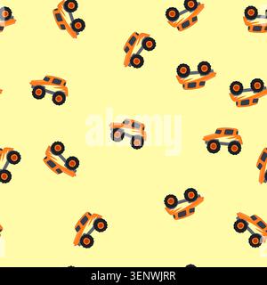 pattern car monster truck cartoon. 4x4 logo, wheel jeep, race road car monster truck sign. seamless vector illustration Stock Vector