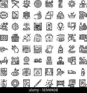 Set of minimalist line icons illustrating a wide range of topics from artificial intelligence, medicine, education, and transportation to finance, ind Stock Vector
