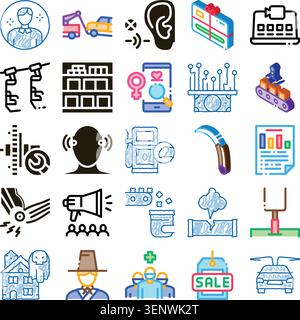 Collection of conceptual outline and doodle icons representing various business, industry, health, transportation, technology, and lifestyle themes fo Stock Vector