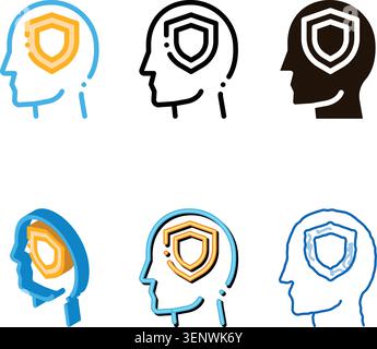 Protection Shield In Man Silhouette Mind Vector stylized Icon Thin Line. Gear And Brain, Heart And Money, Padlock And Magnifier Stock Vector