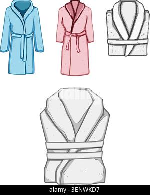 Stylized set of colorful bathrobes and neatly folded towels conveying comfort, cozy self care and spa like wellness for home, hotel or lifestyle illus Stock Vector
