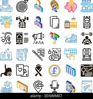 Collection of conceptual and descriptive icons representing various business, finance, medical, transportation, and internet themes as a comprehensive Stock Vector