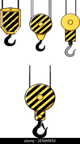 Various industrial lifting hooks and heavy machinery pulley systems displaying striped warning patterns, ideal for construction, engineering, and heav Stock Vector