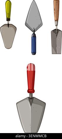 Diverse collection of masonry and gardening hand tools featuring different shapes and handles, illustrating equipment essential for various building a Stock Vector