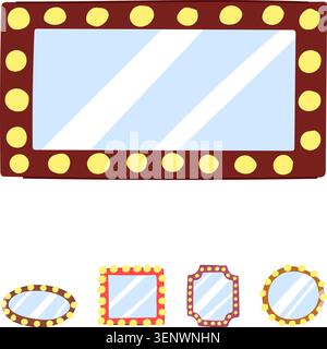 Set of illustrated vanity mirrors featuring various shapes and framing light bulbs, creating a classic aesthetic for beauty, fashion, and theater conc Stock Vector